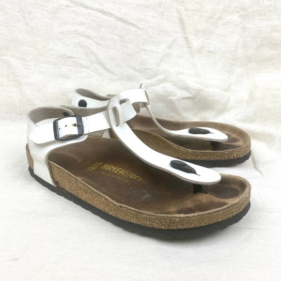 Birkenstock Shoes - Birkenstock Kairo White Patent Leather Cork T Strap Buckle Comfort Sandal 37